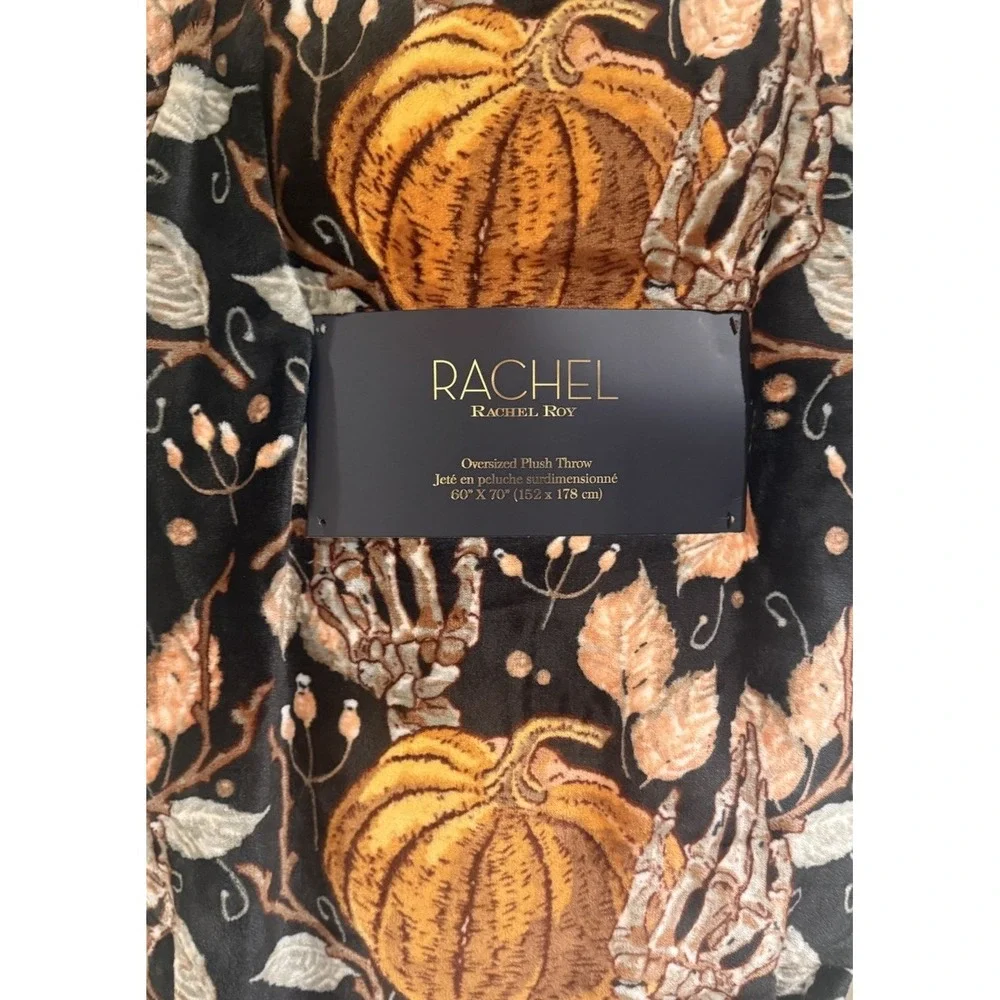 Rachel Roy Pumpkin Skeleton Hand Oversized Plush Throw Blanket 60x70 Halloween